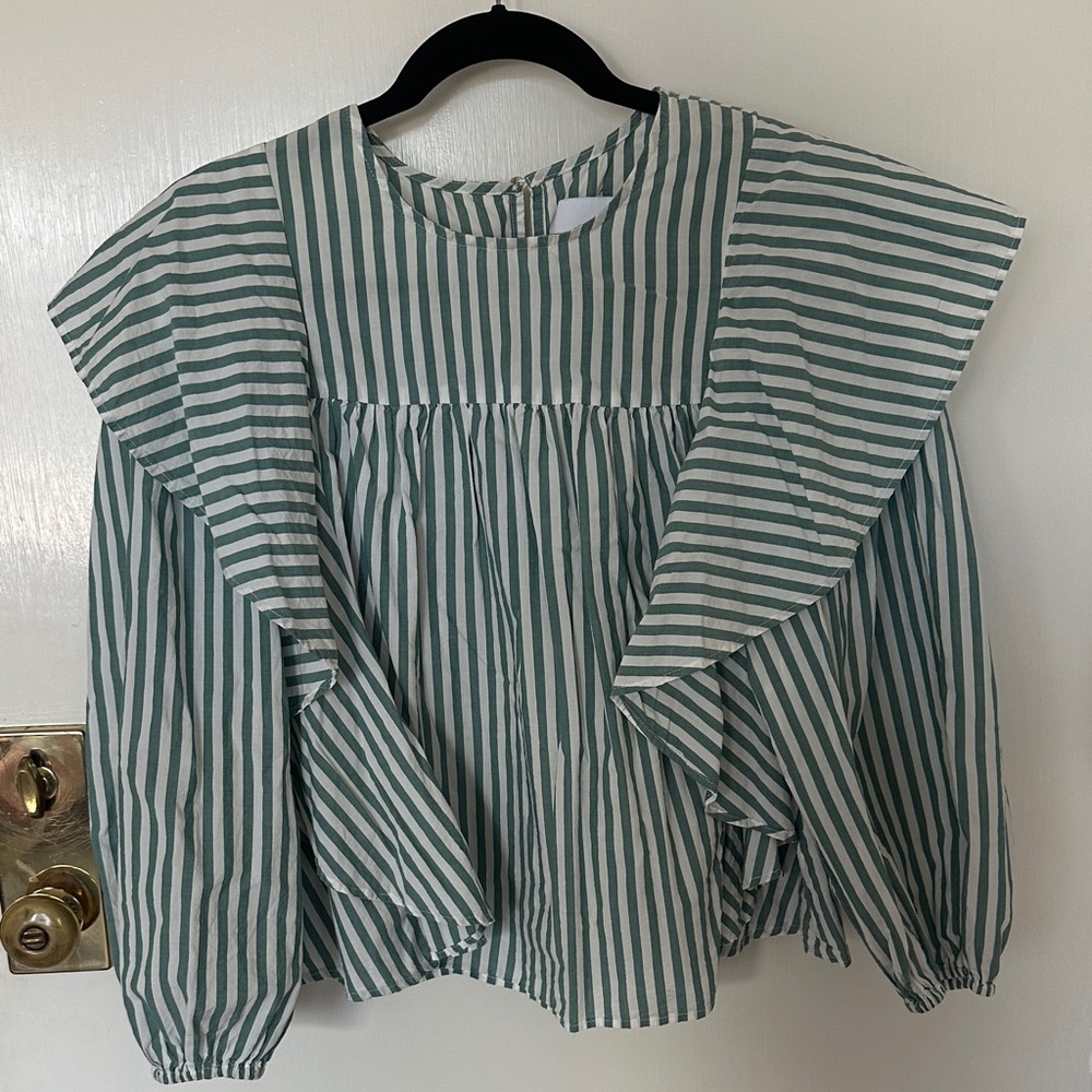 pistola Green & White Striped Ruffle-Sleeve Blouse